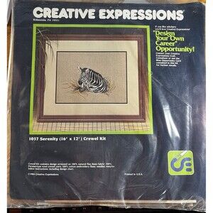 NIP Vtg Creative Expressions 1037 “Serenity” ZEBRA 16”x12” Crewel Craft Kit 1984
